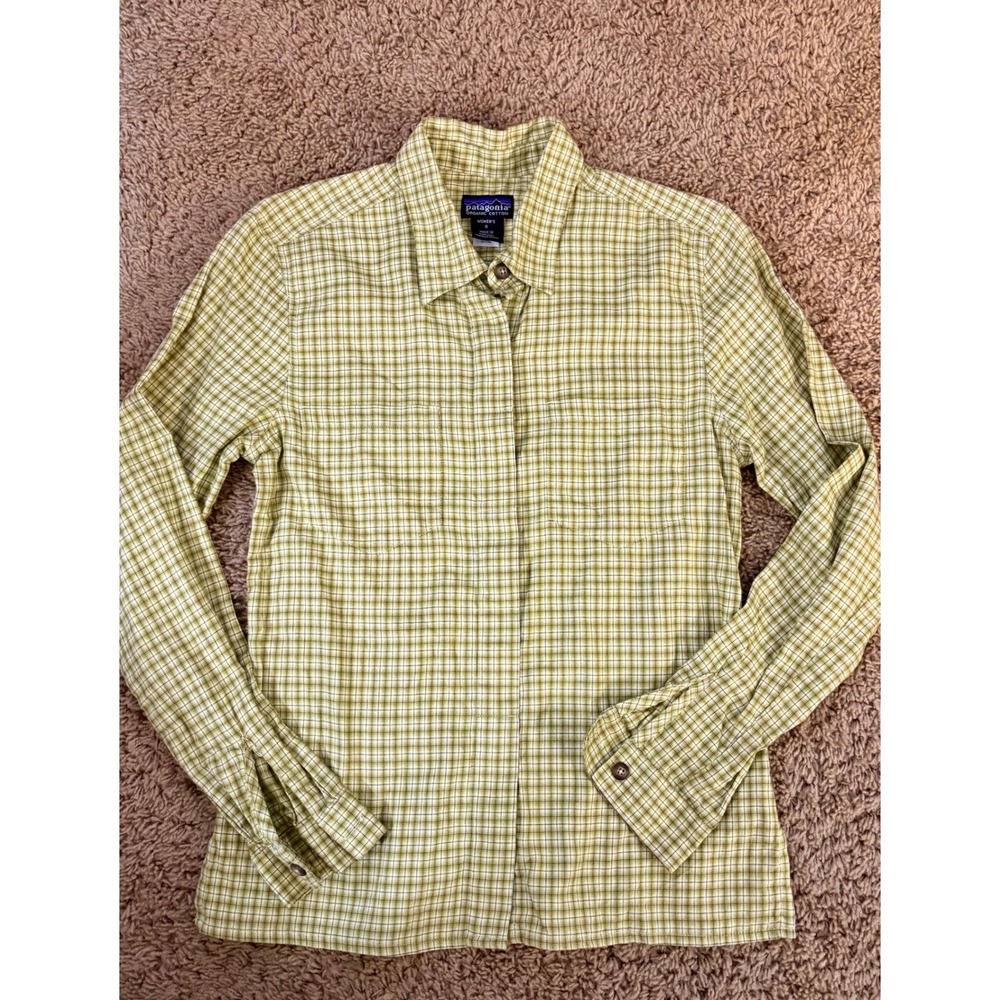 Patagonia Women Green Plaid Organic Cotton Button Down Shirt Small Long Sleeve